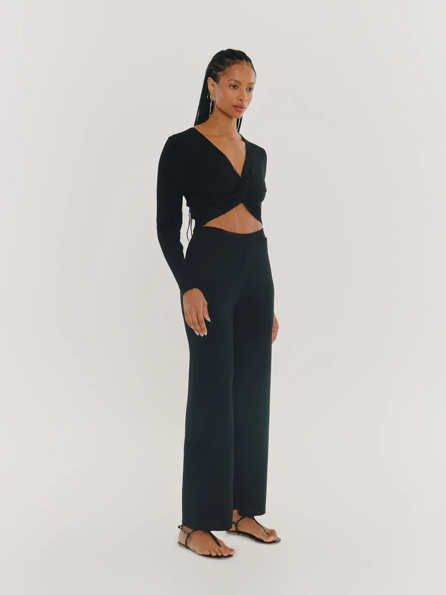 Zinzane, Calça Pantalona Tricot Lurex - Preto