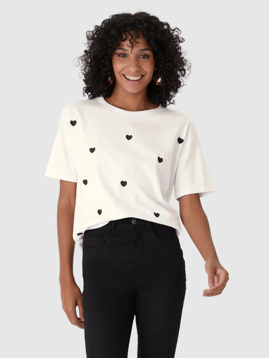 Malwee, Camiseta Feminina Ampla Bordado Frontal Em Algodão