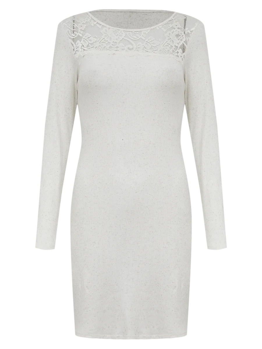 Loungerie, Camisola Curta Manga Longa Ribana Renda Madalena Creme
