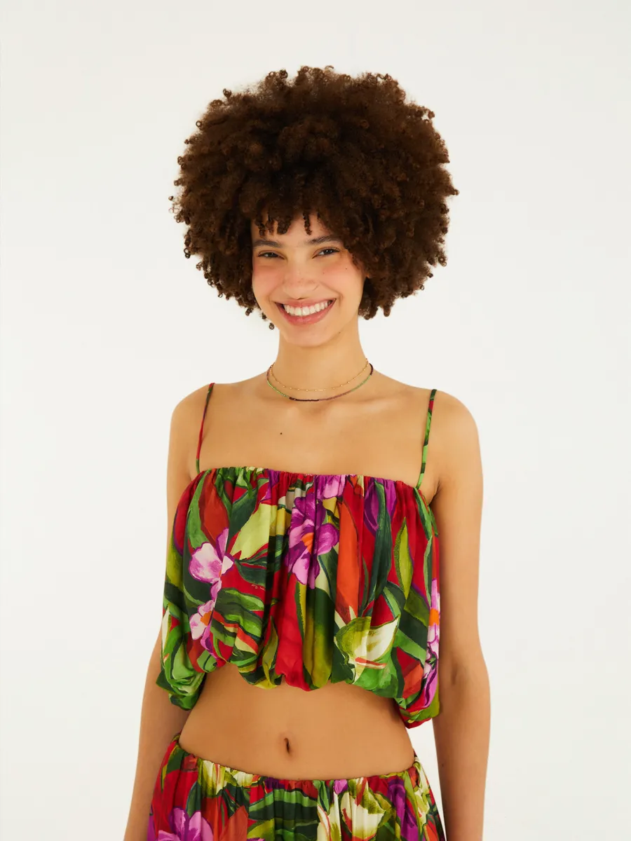 Farm, Blusa Balonê Estampada Folhagem