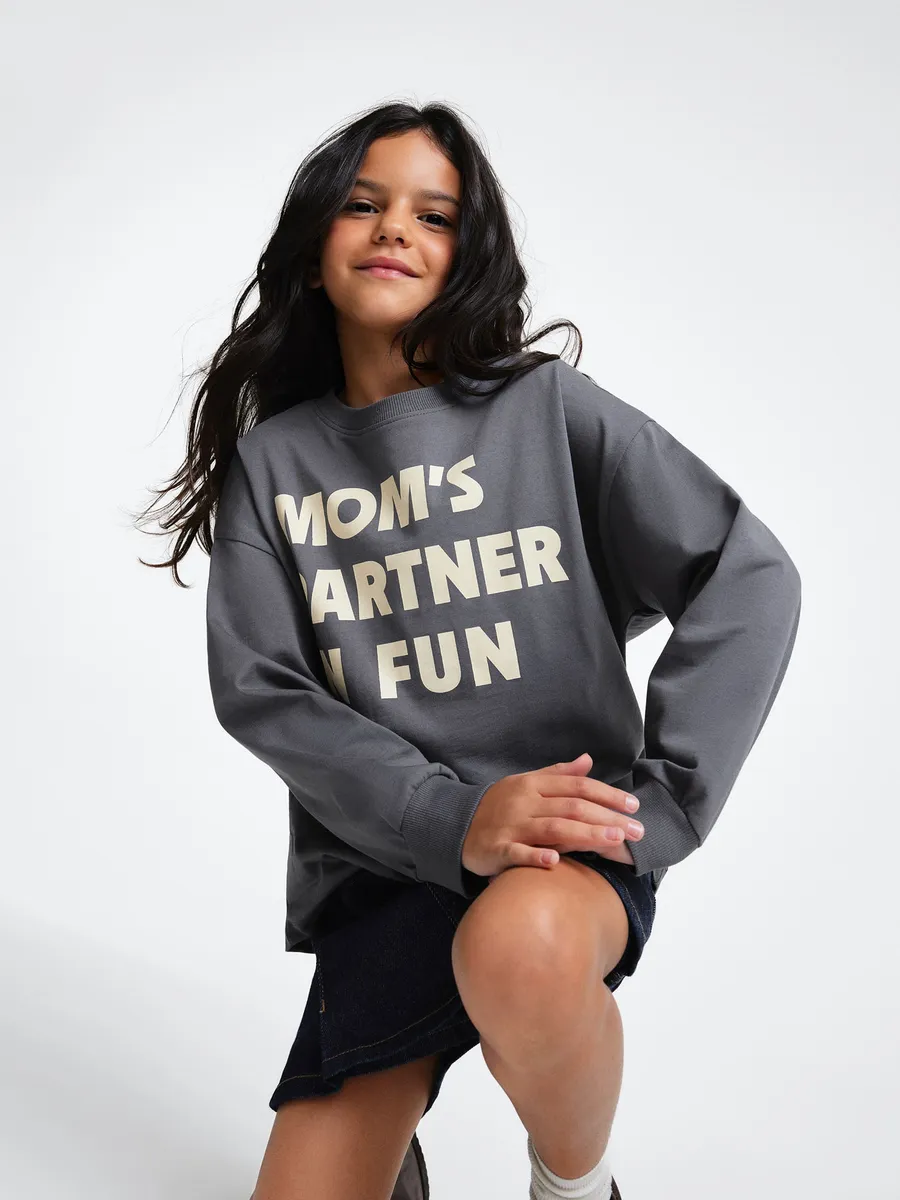 Hering Kids, Blusa Infantil Menina Oversized Manga Longa Estampada - Cinza