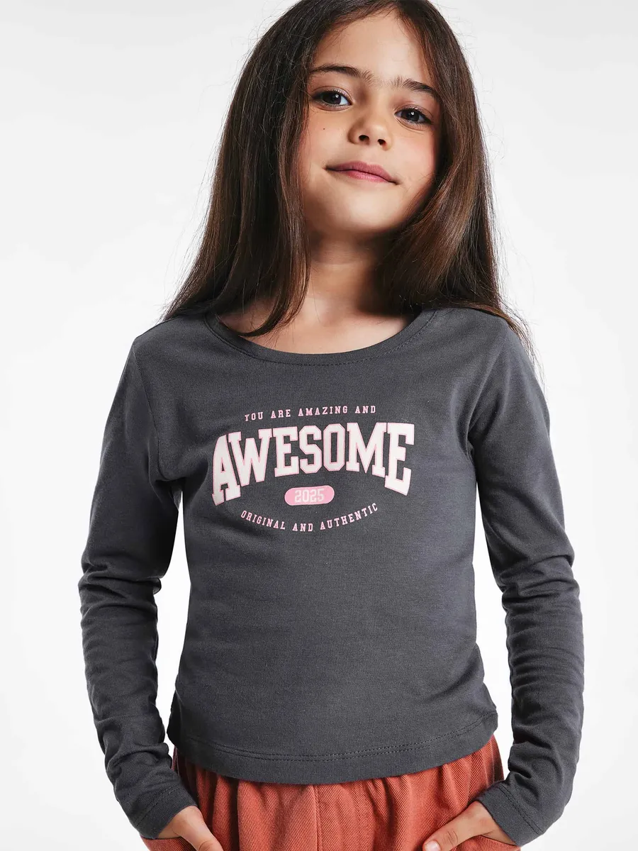Hering Kids, Blusa Infantil Menina Manga Longa Slim Com Estampa - Cinza