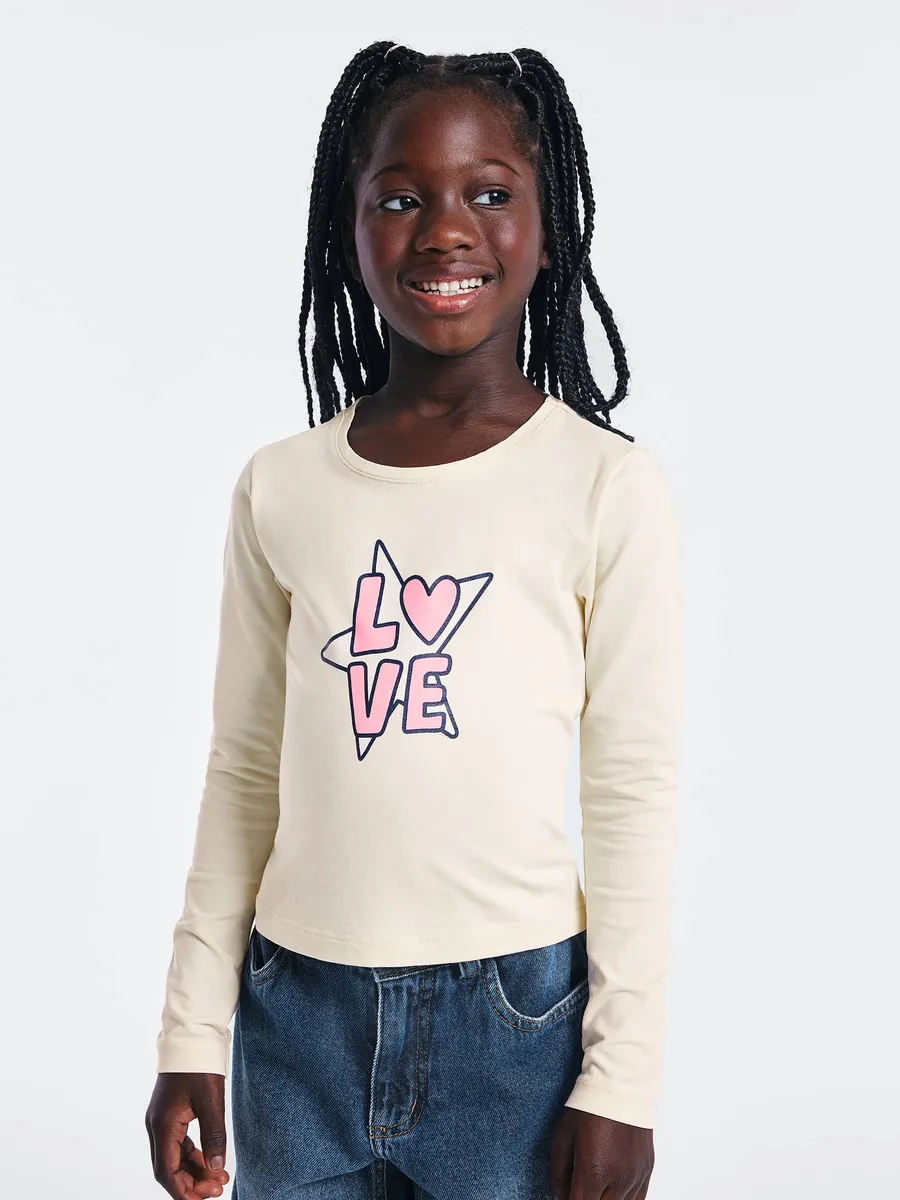 Hering Kids, Blusa Infantil Menina Manga Longa Slim Com Estampa - Creme