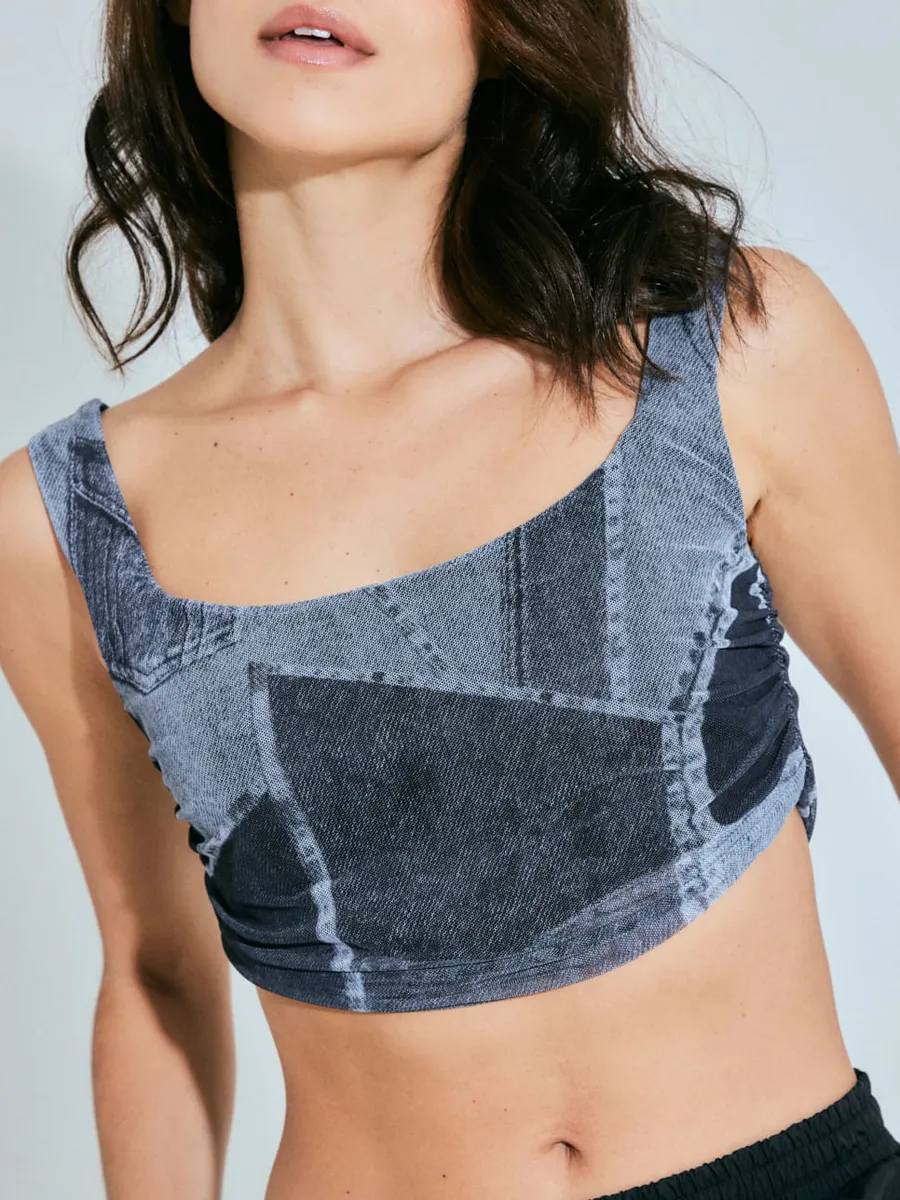 Zinzane, Corset Tule Estampado Patch Jeans - Cinza