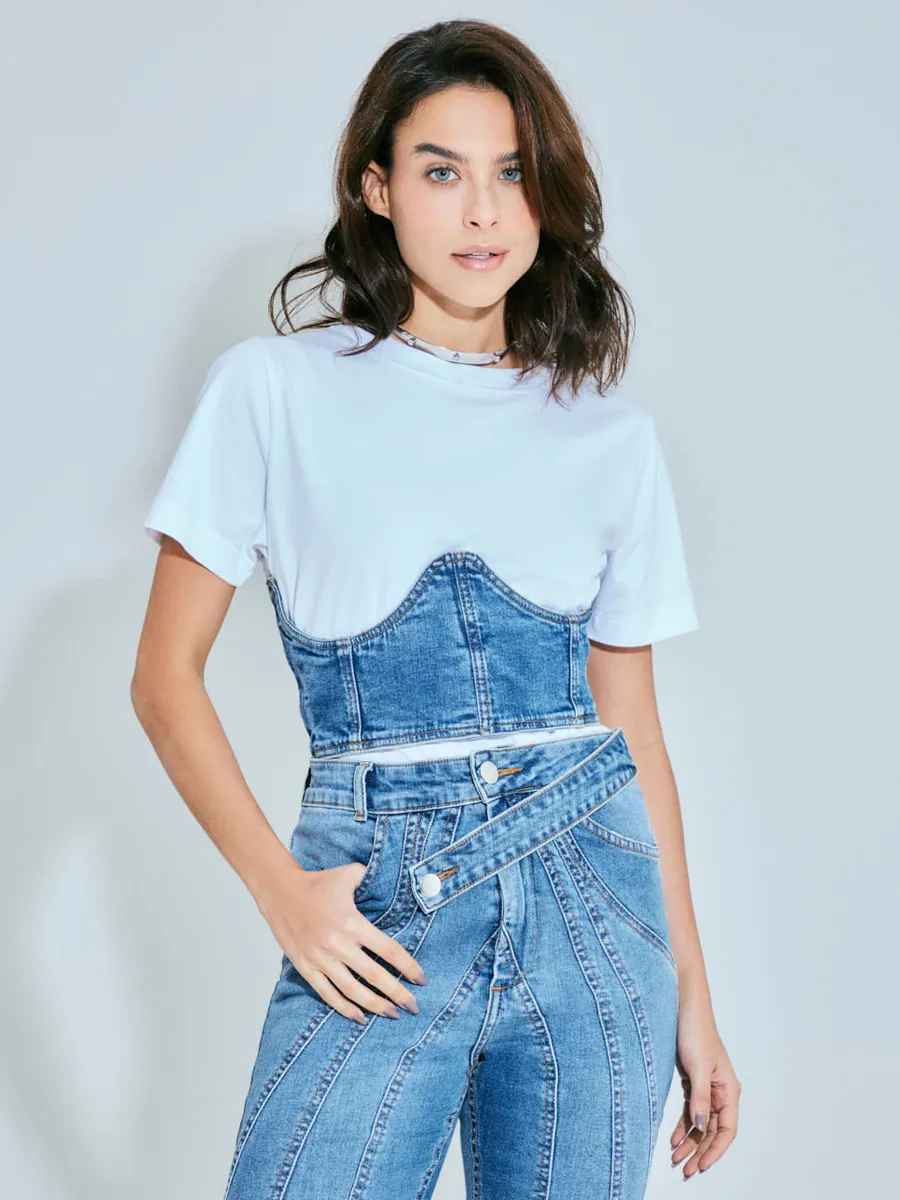 Zinzane, Top Corset Jeans Sobreposição - Denim Medio