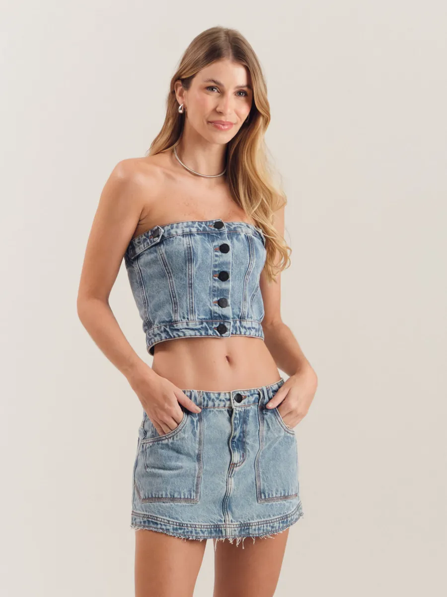 Zinzane, Corset Jeans Botões Frontais - Denim Medio