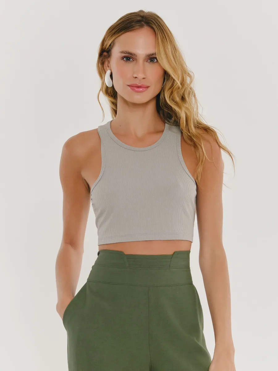 Zinzane, Blusa Curta Basica em Malha - Granizo