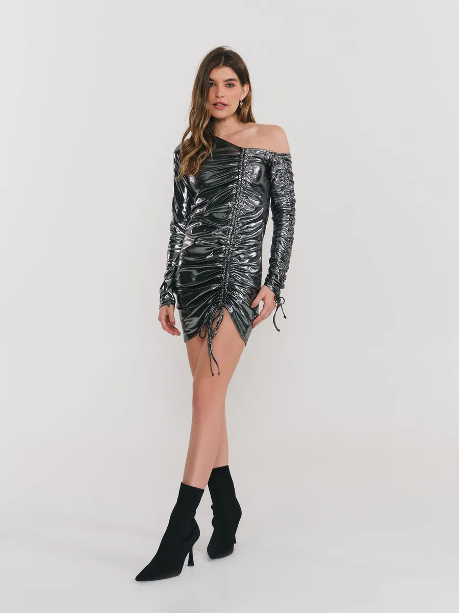 Zinzane, Vestido Justo Franzido Manga Longa Malha - Preto
