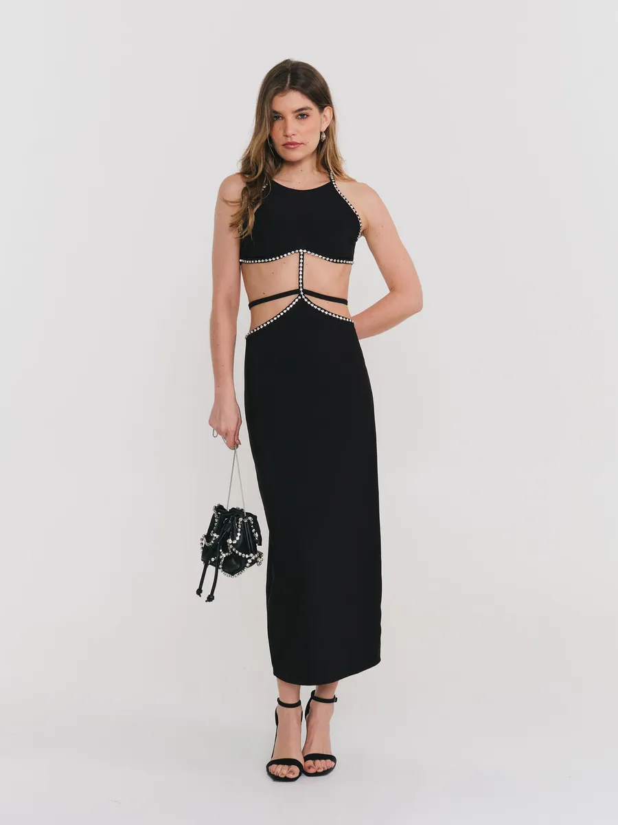 Zinzane, Vestido Malha Bordado c Pedraria - Preto
