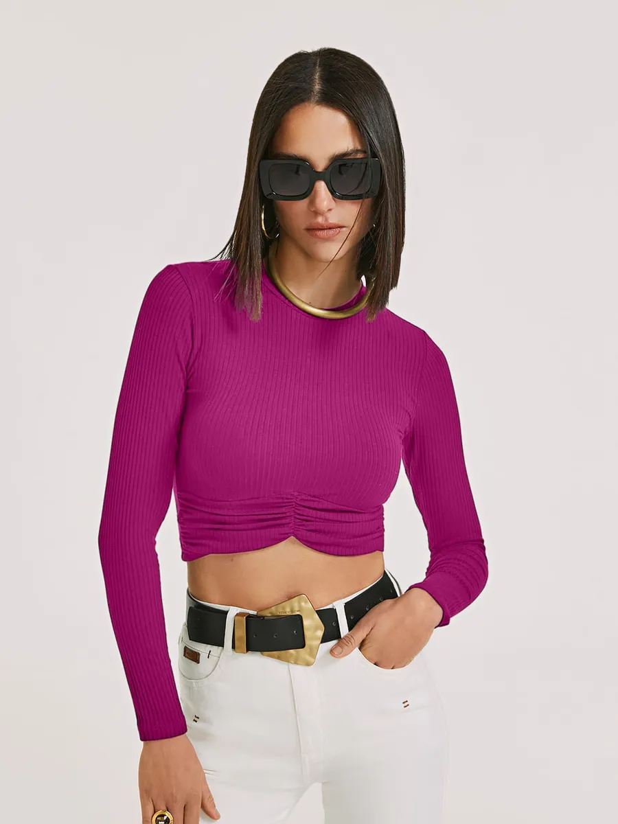 Morena Rosa, Blusa Morena Rosa Decote Redondo Manga Longa Com Franzido Roxo