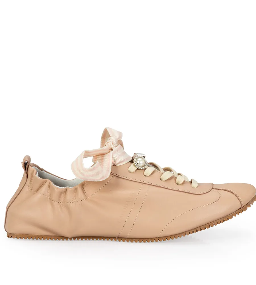 Capodarte, Tênis Ballerina Nude de Couro 5 Pins + 1 Atacador Listras Seda