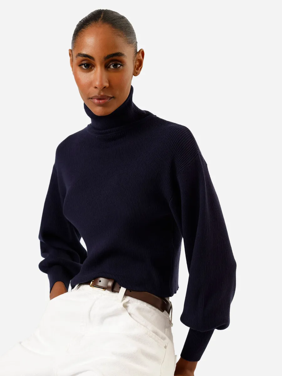 C&A, suéter cropped feminino de tricot manga bufante canelado azul