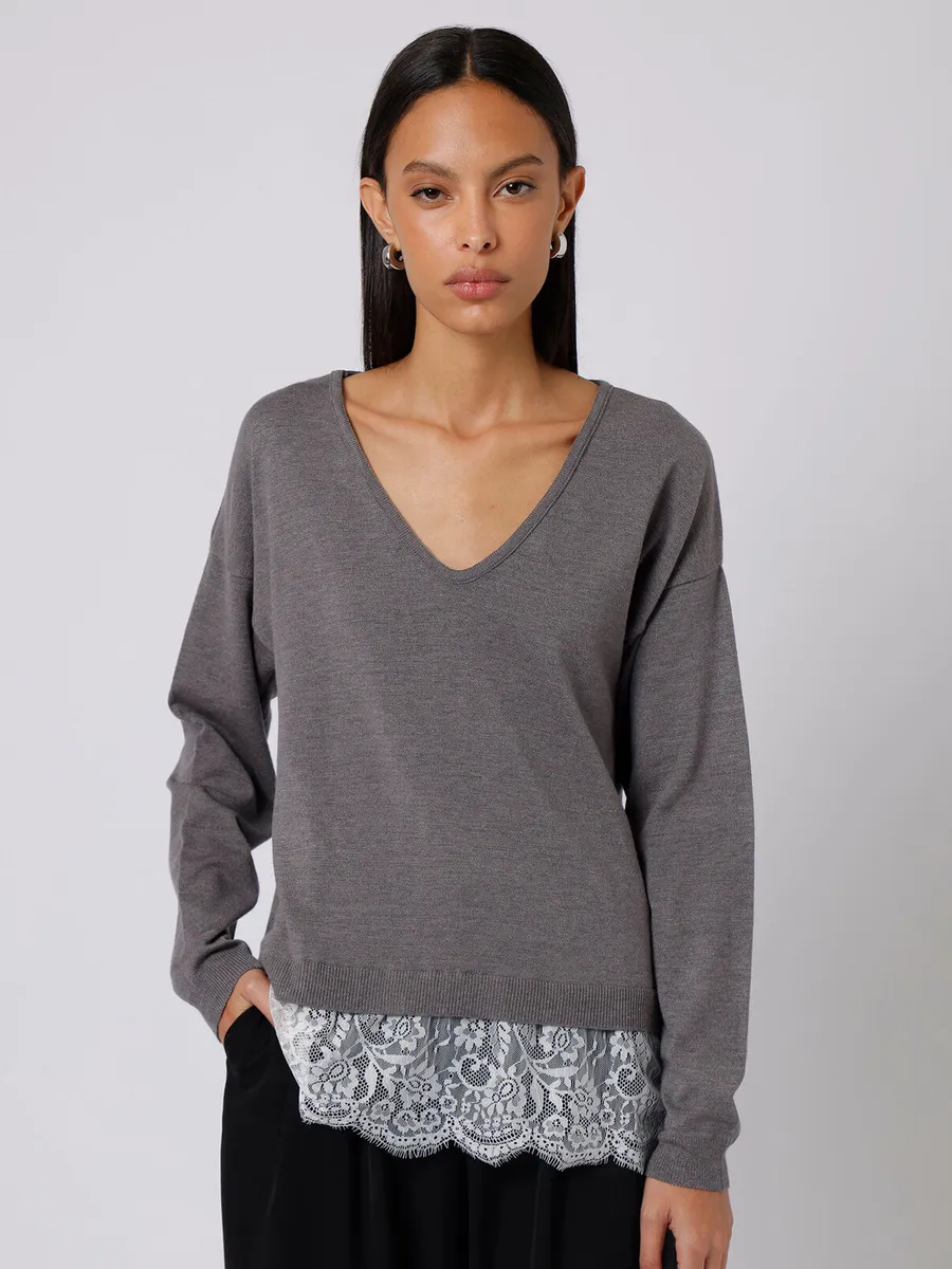 C&A, suéter feminino de tricot decote v com renda mindset cinza