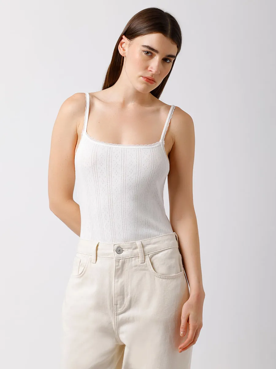 C&A, body feminino de algodão texturizado com renda mindset off white