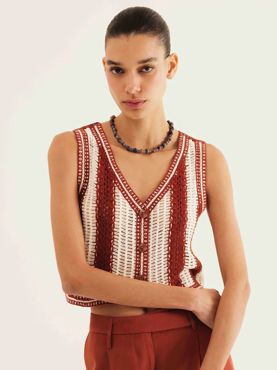 Hering Adulto, Colete Feminino Em Tricô Listrado - Terracota