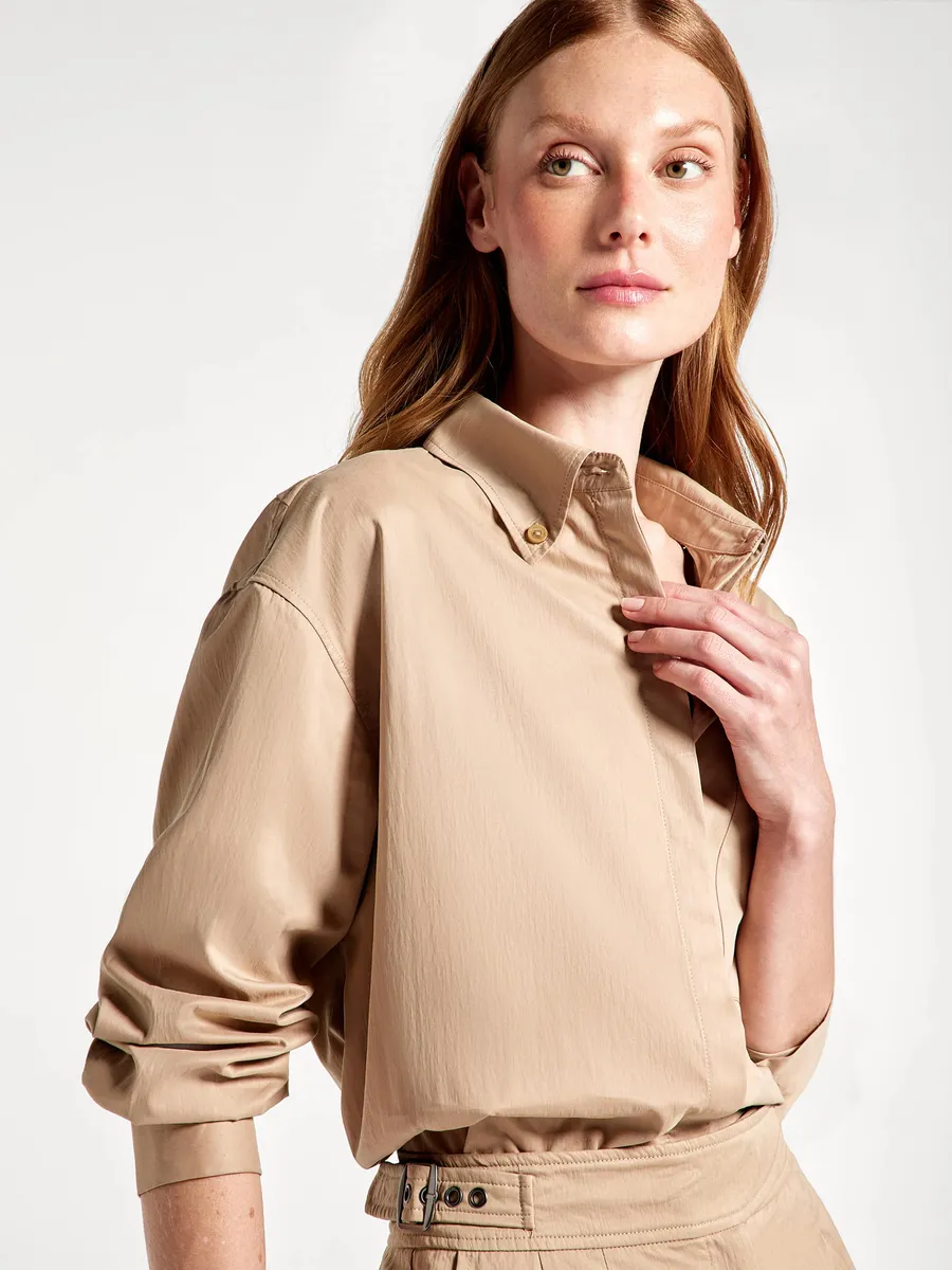 Hering Adulto, Camisa Feminina Manga Longa Com Bolso - Caqui