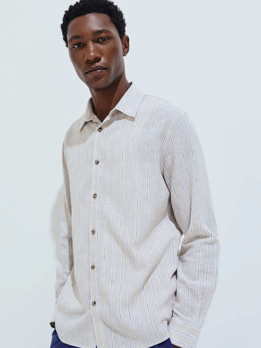 Hering Adulto, Camisa Masculina Manga Longa Listrada Em Linho - Bege