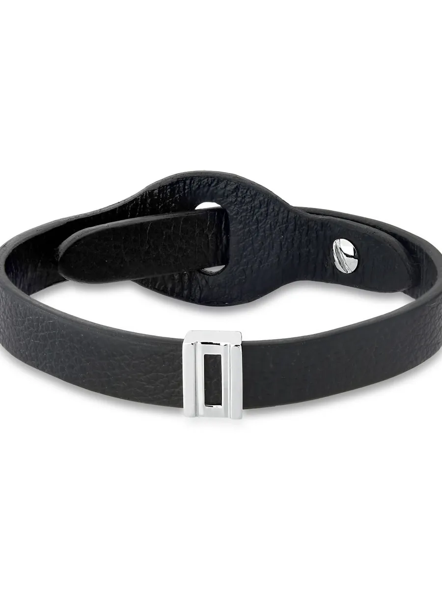 Monte Carlo, Pulseira Masculina Trilhos com Couro em Prata 925 - 27 cm