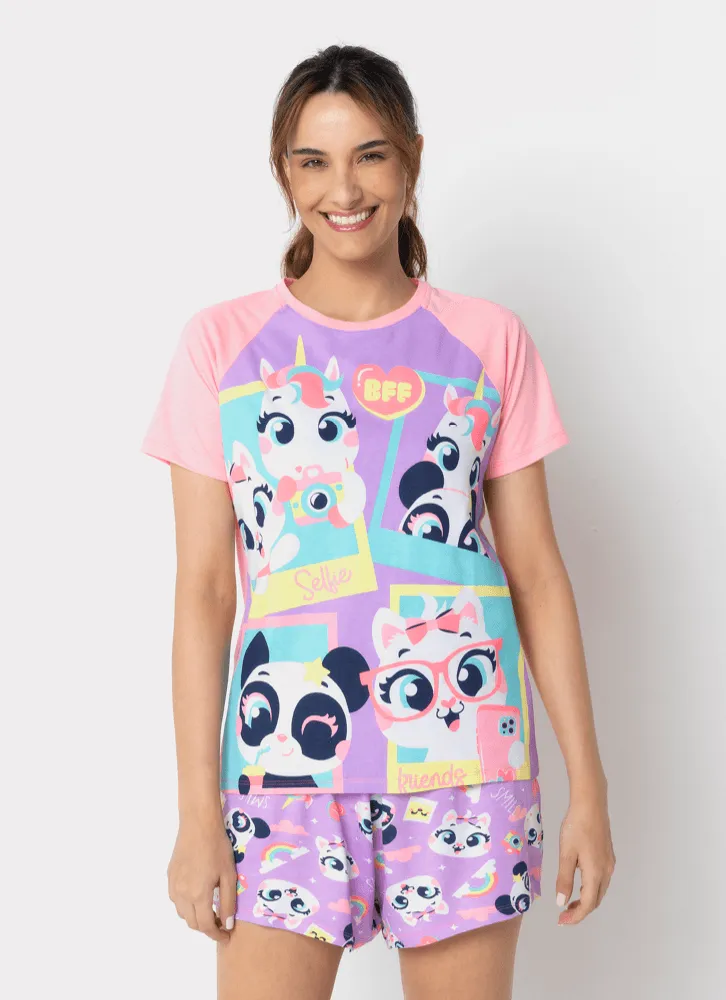 Puket, Pijama Manga Curta Viscolycra Feminino Multibichos Best Friend