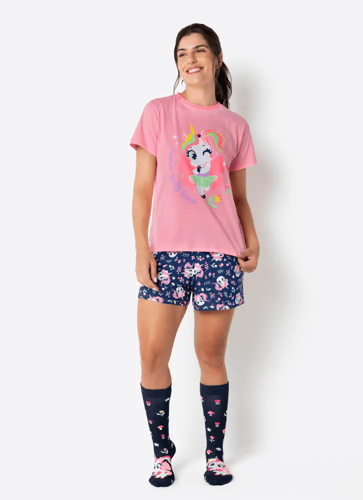 Puket, Pijama Manga Curta Algodão Feminino Unicórnio Encantada