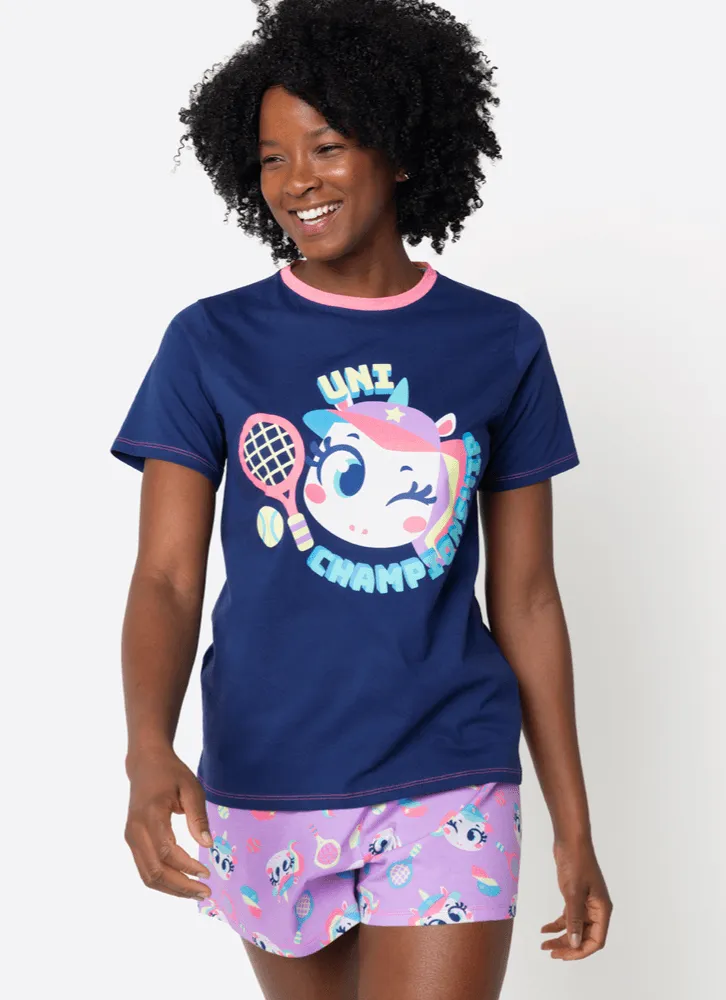 Puket, Pijama Manga Curta Algodão Feminino Unicórnio Tênis