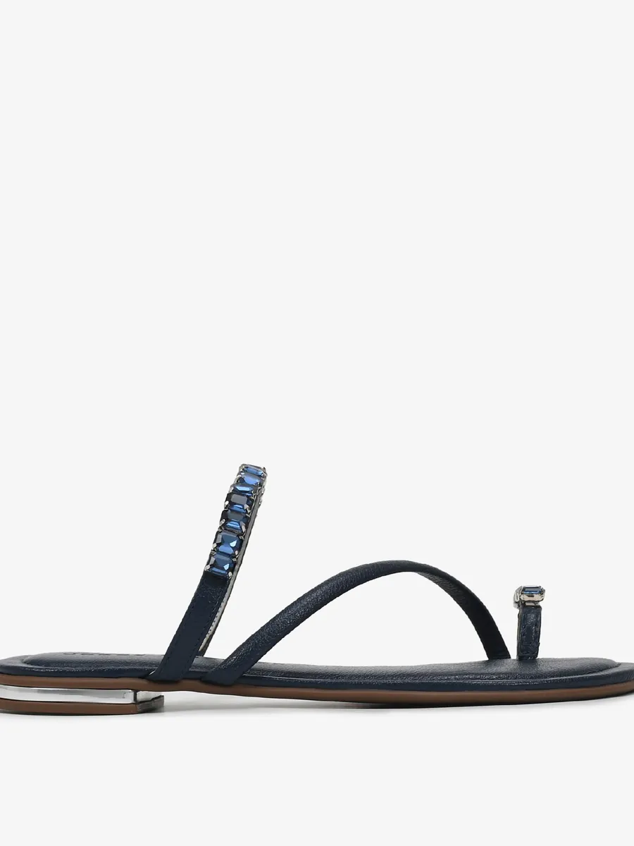 Jorge Bischoff, Chinelo Flat Azul Marinho Prata Pedrarias Couro