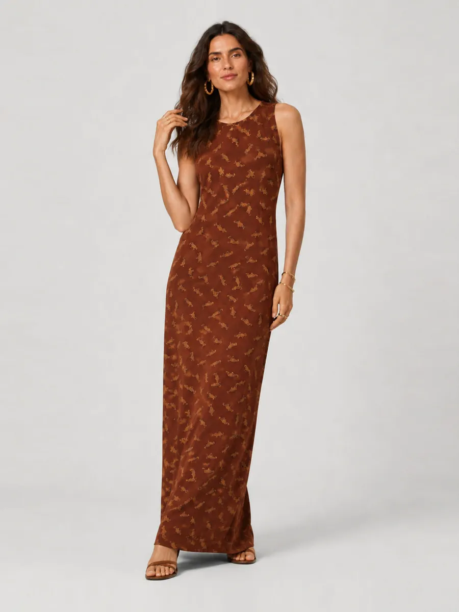 Rovitex, Vestido Feminino Longo Viscotorcion Infinita Cor Marrom