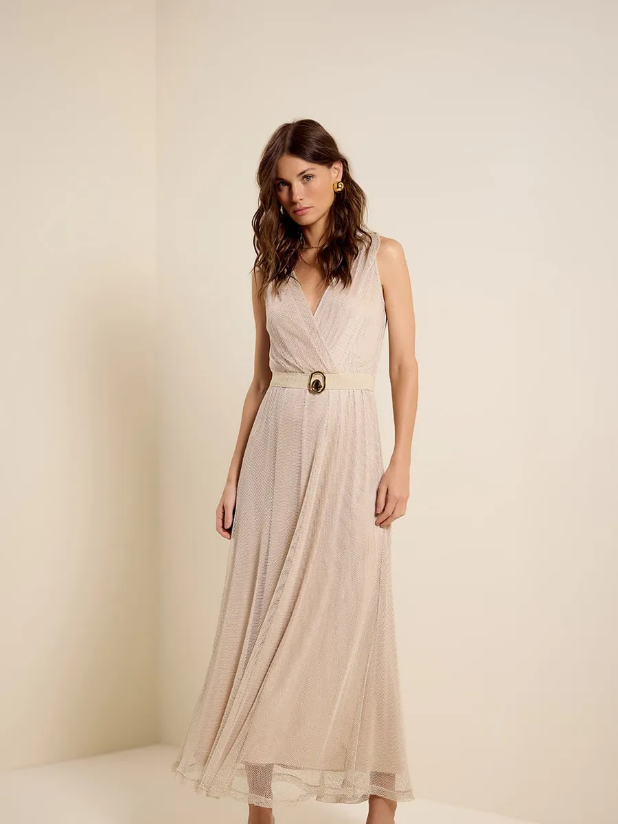Lucidez, Vestido decote transpassado tela dourado