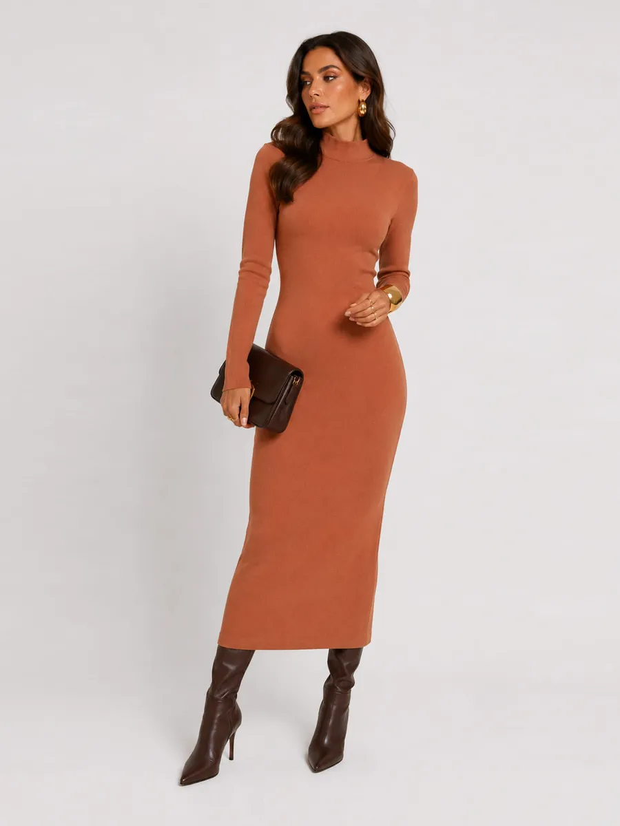Rovitex, Vestido Midi Manga Comprida Gola Alta Infinita Cor Marrom